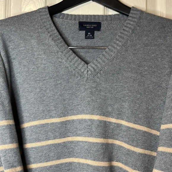 Men’s Lands’ End Gray with Tan Stripe Sweater - Picture 3 of 9